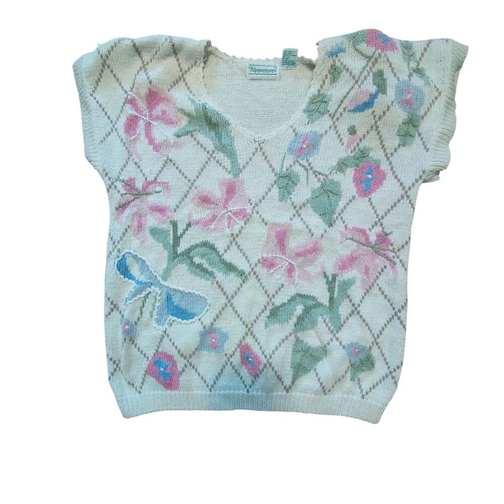 Vintage Shenanigans Floral Knit Sweater Vest Women Small Cottagecore 80s Ribbon